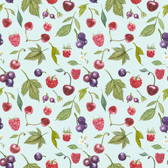 Set of hand drawn berries isolated on white background. Blackcurrant, cherry, raspberry. Watercolor hand drawn sketch berries. Seamless pattern.