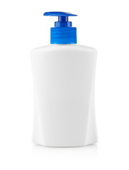 White plastic bottle, shampoo or soap container with dispenser