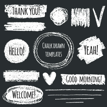 Chalk or pencil drawn graphic elements collection - strokes, stripes, frames, rectangle, oval and round shapes, heart, tick. Chalk forms on black board with lettering - thank you, hello, welcome. 