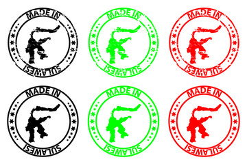Made in Sulawesi - rubber stamp - vector, Sulawesi map pattern - black, green and red