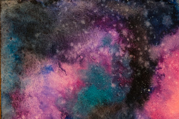 Watercolor painting space background, Abstract galaxy watercolor hand painting,Cosmic nNight with star textured background