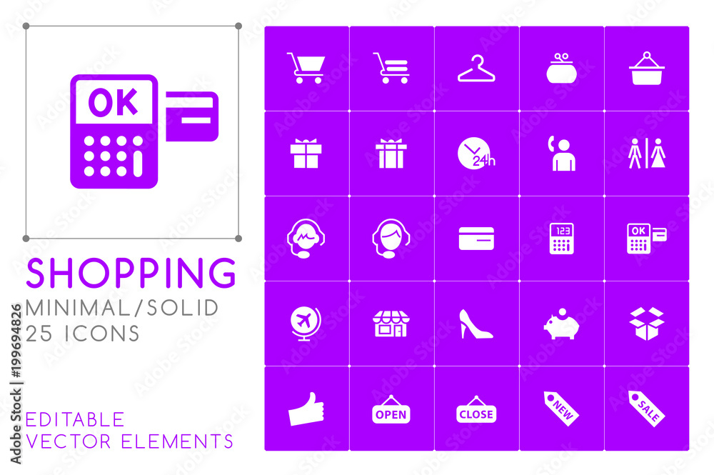 Poster set of 25 universal shopping icons on color background . isolated elements