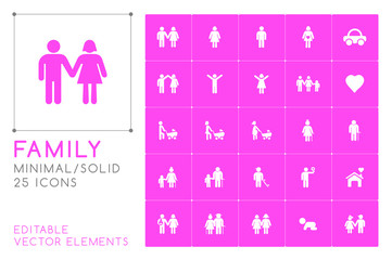 Set of 25 Universal Family Icons on Color Background . Isolated Elements