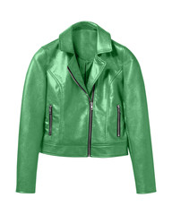 Green woman leather jacket isolated on white