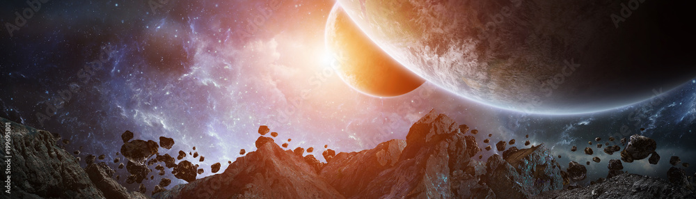 Poster panoramic view of planets in distant solar system 3d rendering elements of this image furnished by n
