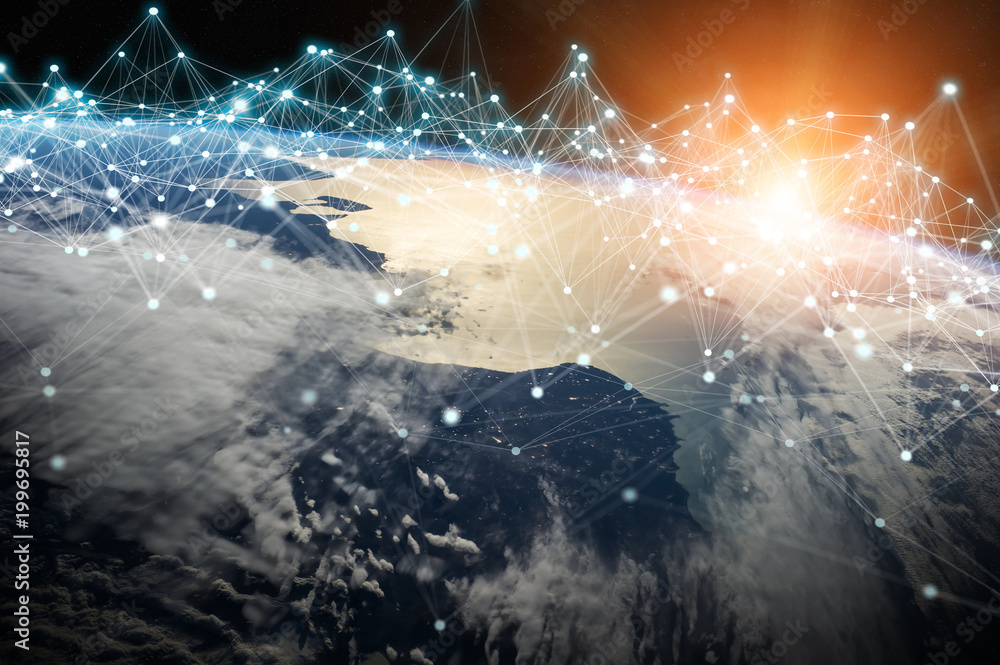 Poster Connections system and datas exchanges on planet Earth 3D rendering