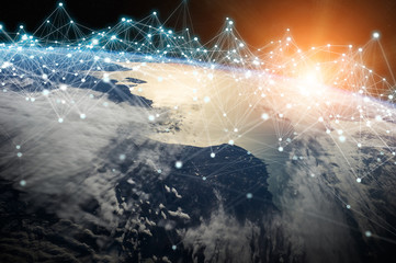 Connections system and datas exchanges on planet Earth 3D rendering