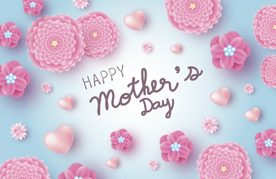 Mother's day banner design of pink flowers with heart vector illustration