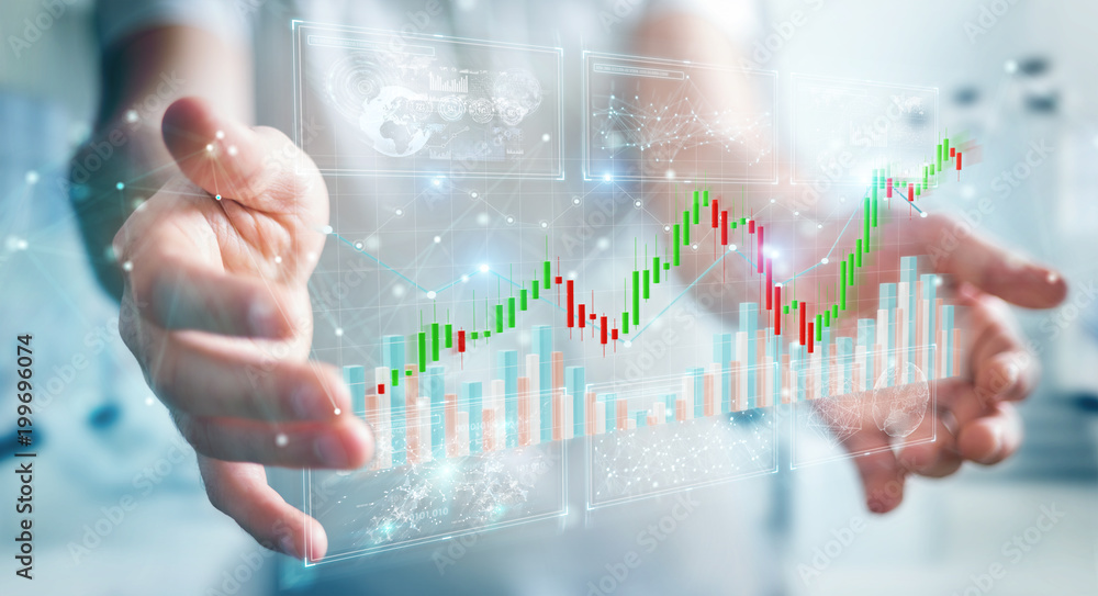 Fototapete businessman using 3d rendering stock exchange datas and charts