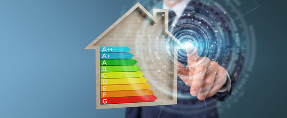 Businessman using 3D rendering energy rating chart in a wooden house