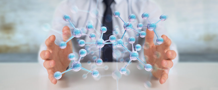 Businessman using modern molecule structure 3D rendering