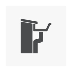 Fascia style gutter vector icon. Also call rain gutter or eavestrough. Include roof, downpipe or downspout and pipeline for water discharge and drainage system to protect building from rainwater fall.