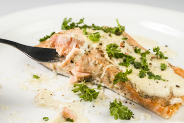 Fried Salmon with cheese sauce, parsley and pepper.