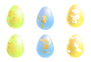 Easter green, blue and yellow eggs with hand drawn gold and white smear, spot and blot set on the white background, scandinavian style