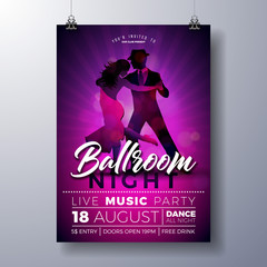 Ballroom Night Party Flyer illustration with couple dancing tango on purple background. Vector design template for invitation poster, promotional banner, brochure, or greeting card.