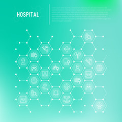 Hospital concept in honeycombs with thin line icons for doctor's notation: neurologist, gastroenterologist, manual therapy, ophtalmologist, cardiology, allergist, dermatologist. Vector illustration.