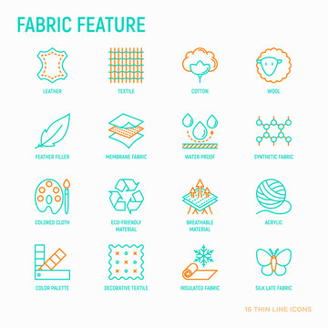 Fabric feature thin line icons set: leather, textile, cotton, wool, waterproof, acrylic, silk, eco-friendle material, breathable material. Modern vector illustration.