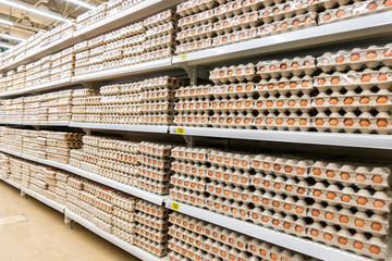 Eggs in the package at the market. stack of eggs. 