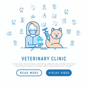 Veterinary clinic concept: cat on vaccination. Thin line icons: injection, cardiology, cleaning of ears, teeth, shearing claws, broken leg. Vector illustration, web page template.