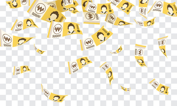 South Korean won banknotes falling on fake transparent background. KRW currency vector illustration.
