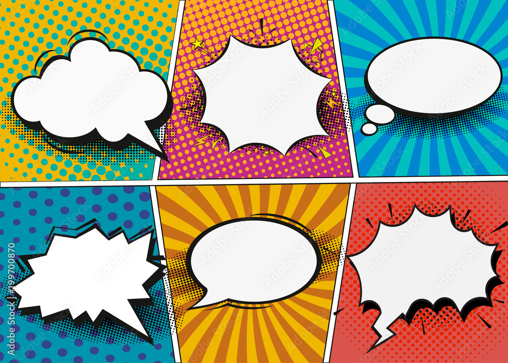 Poster comic book page template in pop-art style. retro comic empty speech bubbles set on colorful backgrou