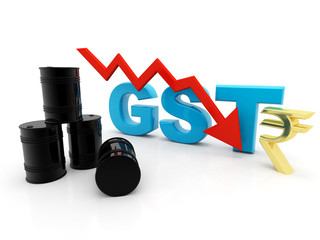 3d Illustration GST Tax India Concept with Oil Barrel and falling oil price,  isolated in white background