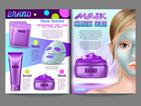 Set of purple mask and scrub changes color to silvery. Cosmetic ads elements. Girl in spa salon. 3d realistic vector illustration.
