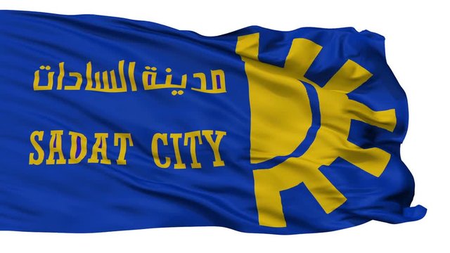 Sadat flag, city of Egypt, realistic animation isolated on white seamless loop - 10 seconds long (alpha channel is included)