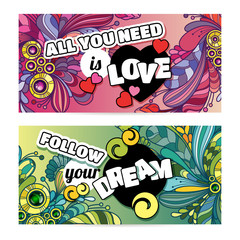 Vector colorful banner templates set with abstract doodles design background and inspiration text. Life is beautiful. 