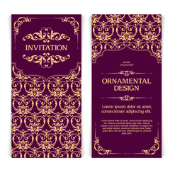 Vector set of vertical banners with ornamental frame and seamless patterned background. 