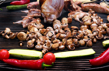 Mushrooms and vegetables, grilling on bbq