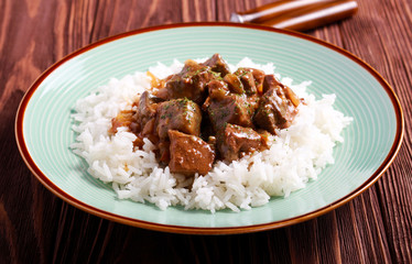 Liver in gravy with rice