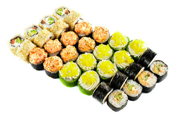 New menu in the restaurant. Different kind of sushi rolls isolated on white background