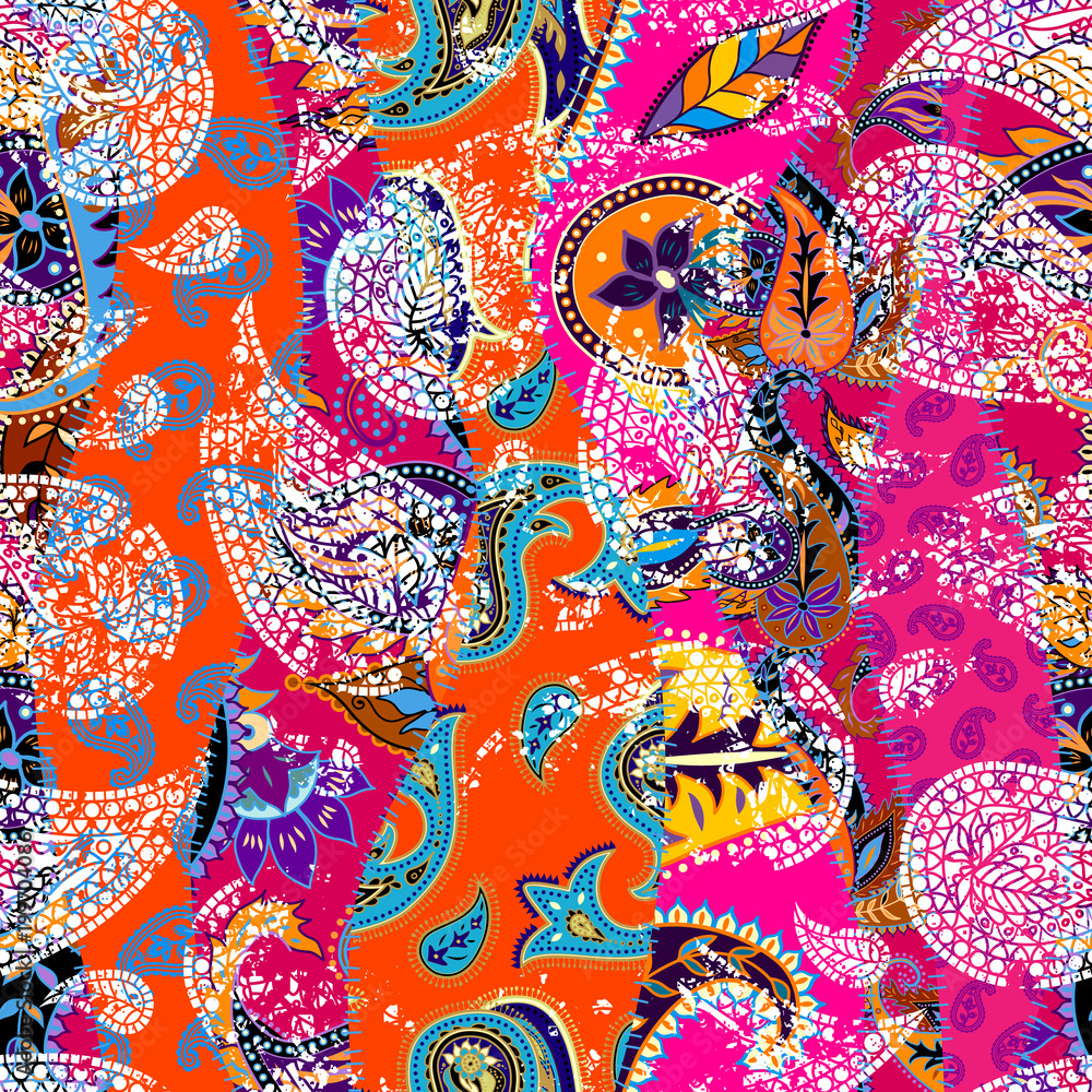 Poster Seamless background pattern. Patchwork pattern with Paisley ornament patterns. Bright magenta and orange colors. Ethnic indian style.