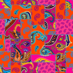 Seamless background pattern. Patchwork pattern with Paisley ornament patterns. Bright magenta and orange colors. Ethnic indian style.