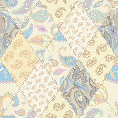 Fototapeta na wymiar Seamless background pattern. Patchwork pattern of a rhombuses with Paisley ornament patterns.
