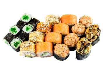 New menu in the restaurant. Different kind of sushi rolls isolated on white background. Top view, flat lay