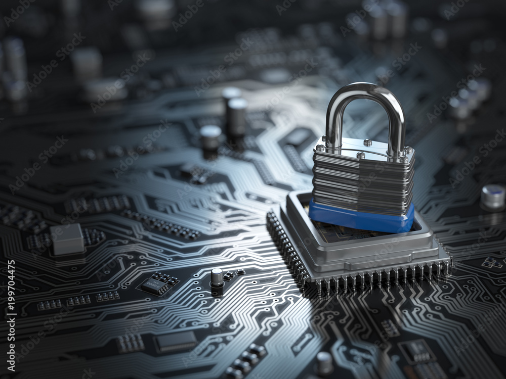 Poster Padlock on CPU computer circuit board. Lock over  the motherboard. Network security concept.