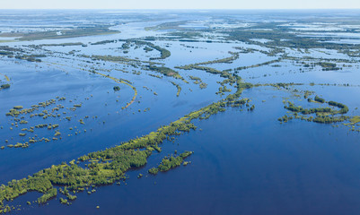 Floodplain of Great river in spring, top view