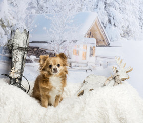 Chihuahua sitting on fur rug in winter scene, portrait