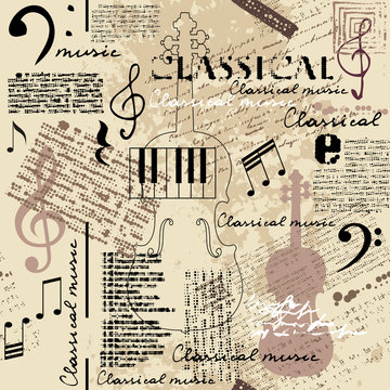 Classical music lpattern with ettering and notes in retro scrapbook style. Seamless background. Vector image.