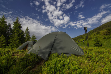 tourist tent camping in mountains. Morning in the mountains. Carpathians. Ukraine