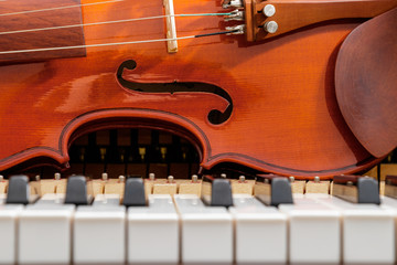 classical violin on white and black piano keys close-up background