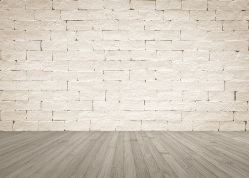 Brick wall painted in light beige with wooden floor in light sepia grey for interior backgrounds
