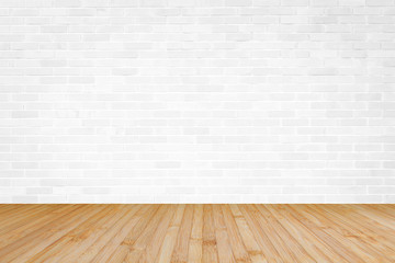 White brick wall with wooden floor textured background in yellow brown color
