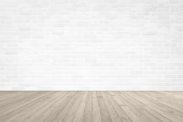 Papier Peint photo Pierres White brick wall with wooden floor textured background in sepia color