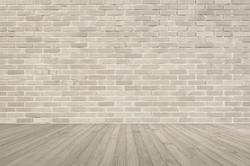 Sepia brown brick wall texture background with wooden floor for interior design decoration