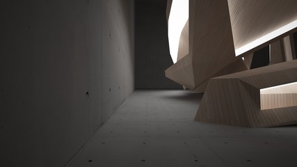 Abstract  concrete and wood parametric interior  with neon lighting. 3D illustration and rendering.
