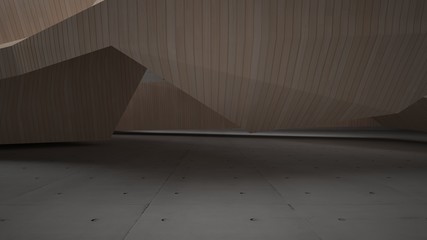 Abstract  concrete and wood parametric interior  with neon lighting. 3D illustration and rendering.