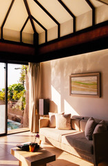 Warm cozy contemporary style Living room with good design couch pillow, table, high ceiling